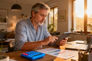 Homme d'affaires mature utilisant une tablette pour simuler un crédit immobilier dans un bureau moderne avec calculatrice bleue