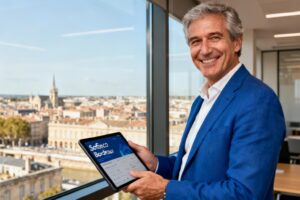 Homme d'affaires souriant tenant une tablette affichant l'interface Sofinco, devant une vue sur Bordeaux