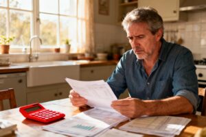 Homme d'âge moyen stressé examinant des documents financiers avec une calculatrice rouge sur une table de cuisine