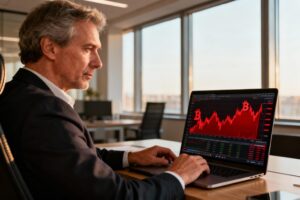 Homme de 50 ans analysant les données du marché des cryptomonnaies sur un ordinateur portable avec graphique bitcoin rouge
