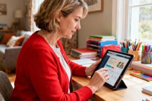Femme en cardigan rouge utilisant une tablette pour accéder au portail famille de Tarascon dans un intérieur chaleureux