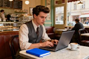 Homme d'affaires européen travaillant sur un ordinateur portable dans un café chaleureux avec café et cahier bleu