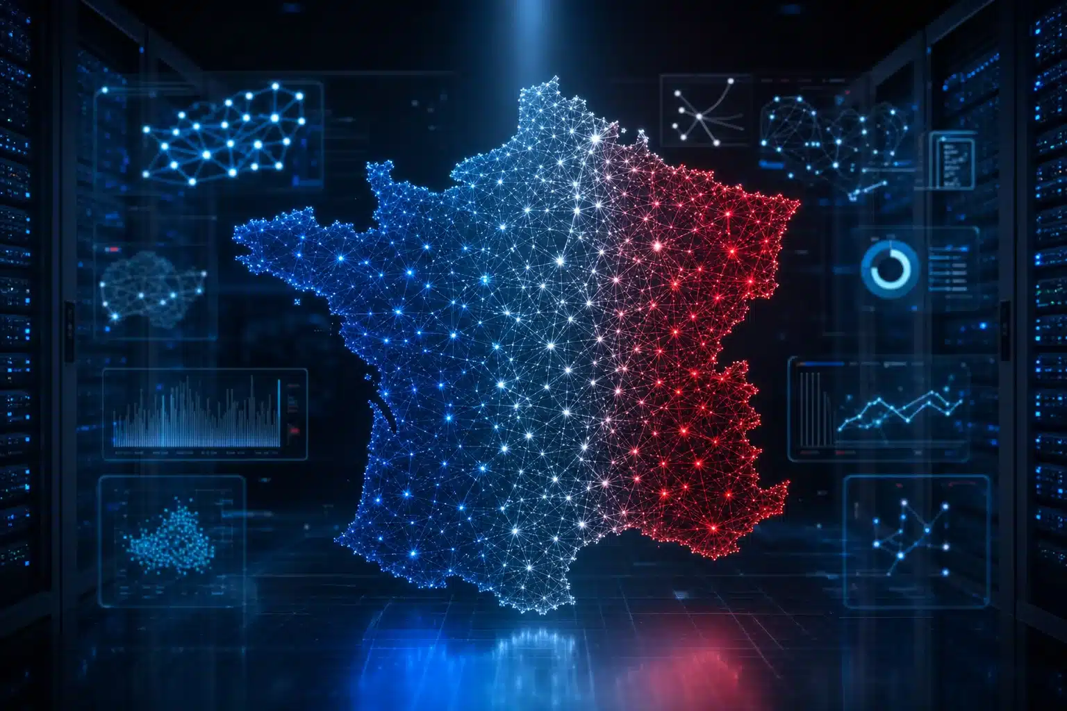 Carte numérique de la France illustrant les réseaux et usages de l’intelligence artificielle